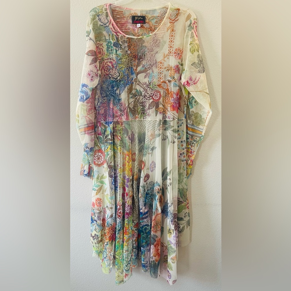 Johnny Was Cream Multicolor Floral Midi Dress